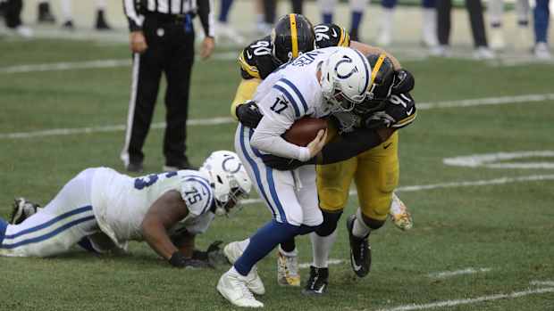 Indianapolis Colts quarterback Philip Rivers takes one of five sacks in a 28-24 road loss Sunday to the Pittsburgh Steelers at Heinz Field.